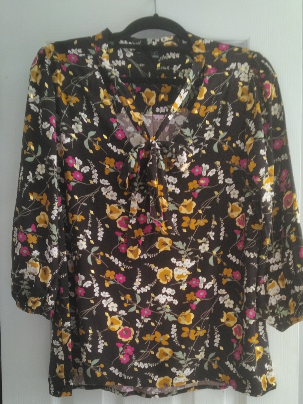 Harve Benard Black Floral Tie-Neck Blouse with Yellow & Pink Accents